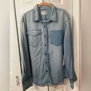 NWT Etica boyfriend long sleeve with missing pocket and no buttons on